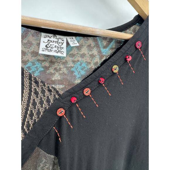 Parsley & Sage Tunic Women 1X Black Artsy Unique Rayon Stretch 3/4 Sleeve Boho - Picture 6 of 8